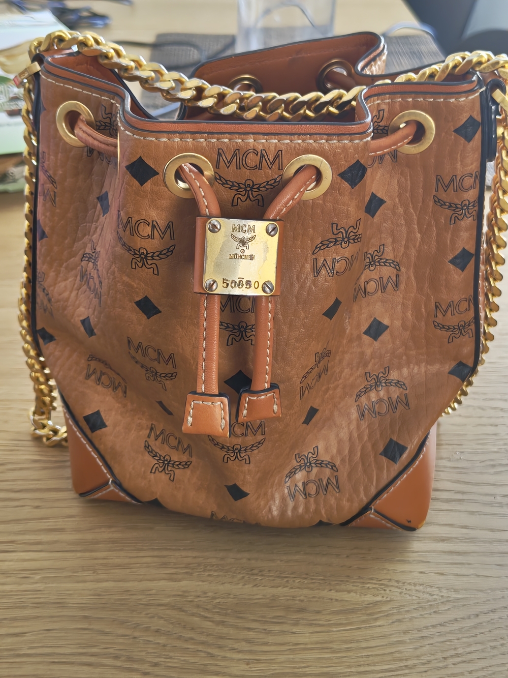 MCM Cognac Visetos Small Drawstring Bucket Bag